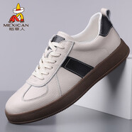稻草人（MEXICAN）透氣休閑皮鞋真皮小白鞋運動(dòng)潮流頭層牛皮男士板鞋 米白色 38  標準皮鞋尺碼