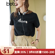 betu百圖女裝春裝新款寬松韓版卡通印花短袖T恤ins潮JD2102T08 黑色 XS