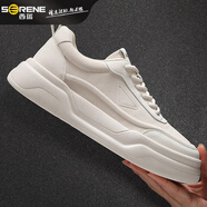 西瑞（SERENE）輕奢高檔品牌男鞋頭層牛皮小白鞋厚底增高板鞋軟底舒適百搭休閑鞋 白色 38 【等于運動(dòng)鞋39碼】