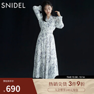 SNIDEL秋冬甜美碎花系帶收腰百褶雪紡連衣裙SWFO245033 淺藍色 S （0）