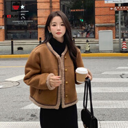 AEMAPE美拉德復古洋氣羊羔絨外套女冬裝短款加絨加厚皮毛一體夾克小個(gè)子 棕色【皮毛一體】 M 【100-115斤】
