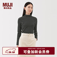 無(wú)印良品（MUJI）女式 起毛羅紋編織半高領(lǐng)長(cháng)袖T恤上衣打底衫女款內搭春秋女裝條紋 黑色條紋 S （155/80A）