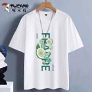 啄木鳥(niǎo)（TUCANO）短袖t恤男純棉圓領(lǐng)重磅寬松大碼半截袖青少年學(xué)生夏季休閑男士t恤 白/冰鎮檸檬后圖 L （重120-130斤高165-170）
