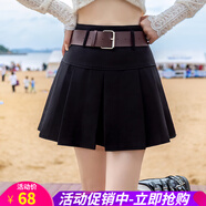 歐貝汐2026新款春秋冬美式復古百褶裙高腰半身裙短裙女 黑色 M