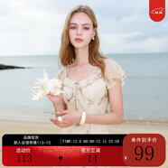 三彩2025夏季新款木耳邊荷葉袖蝴蝶印花雪紡連衣裙大擺長(cháng)裙M 杏色花卉 L 165/88A