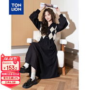 唐獅（TonLion）2024黑色v領(lǐng)拼接格紋連衣裙女復古針織格子裙氣質(zhì)長(cháng)裙 黑色 L 