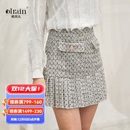 Olrain歐芮兒毛呢半身裙女短裙女收腰ol風(fēng)格紋荷葉邊百 杏灰色 S
