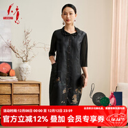 天意TANGY/天意2025春夏新款商場(chǎng)同款國風(fēng)莨綢繡花香云紗開(kāi)襟連衣裙 茛黑古銅7000 00 M