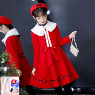 微愛(ài)的小松鼠（weiaidexiaosongshu） 女童套裝 毛呢加厚秋冬洋氣學(xué)院兒童連衣裙女冬紅色三件套 908 紅色毛呢裙+毛衣+披肩+毛領(lǐng) +帽子 110 碼 【2-3歲】