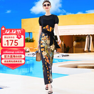 帝弗·潤馳超長(cháng)款到腳踝連衣裙夏裝新款復古印花假兩件大牌奢華過(guò)膝長(cháng)裙氣質(zhì) 黑色短 4XL
