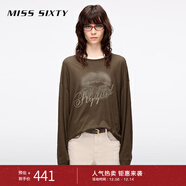 MISS SIXTY2025夏季新款長(cháng)袖T恤女圓領(lǐng)寬松中長(cháng)款復古印花上衣 烏木棕 M