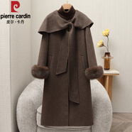 皮爾卡丹（pierre cardin）荷葉領(lǐng)雙面羊毛大衣女中長(cháng)款狐貍毛袖口拼接千金風(fēng)淑女毛呢子外套 咖色 S 110斤內