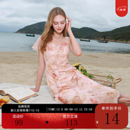 三彩2025夏季新款木耳邊荷葉袖蝴蝶印花雪紡連衣裙大擺長(cháng)裙M 淺粉色花卉 XL 170/92A