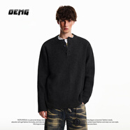 OEMG 美式亨利領(lǐng)紐扣套頭毛衣男士秋冬季寬松休閑圓領(lǐng)針織衫上衣外套 黑色 【高品質(zhì)】 M [建議90-100斤]