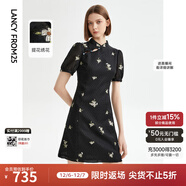 朗姿新中式復古碎花旗袍裙短裙氣質(zhì)顯瘦高級感連衣裙夏季新款 黑色3 M