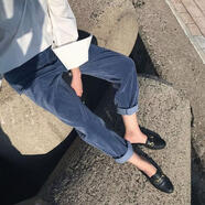 ANBIEM熱賣(mài)棉水洗燈芯絨休閑褲直筒學(xué)生寬松煙管褲哈倫褲女九分褲長(cháng)褲 藏青 M  適合96斤-117斤