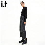 GROUND ZEROit潮牌女裝2025秋冬黑色復古機車(chē)風(fēng)皮褲高腰顯瘦寬松直筒九分褲 黑色 XL 125-145斤/170-185cm