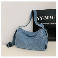 迪納奇格紋牛仔包包女2025新款韓版帆布單肩斜挎包休閑通勤枕頭包 淺藍色大號
