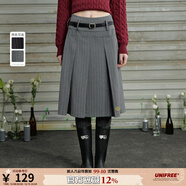UNIFREE【秋裝新品】UNIFREE條紋西裝半身裙女美式復古學(xué)院風(fēng)百褶長(cháng)裙子 灰色條紋 贈腰帶 L