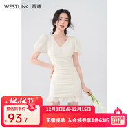 西遇V領(lǐng)泡泡袖連衣裙女2025年早夏新款法式褶皺收腰修身包臀裙子 黃色 L