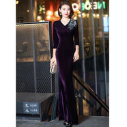 歐美風(fēng)絲絨長(cháng)袖婚宴媽媽裝晚禮服女秋冬新款高端魚(yú)尾喜婆婆裙主持 紫色 S S80-90斤