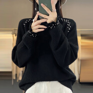 香影純毛衣女秋冬2025新款爆款上衣寬松內搭可外穿洋氣泡泡袖針織打底衫 黑色 M (建議95-105斤)