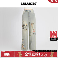 拉拉波波【商場(chǎng)同款】LALABOBO25年牛仔褲夏新款女原創(chuàng  )潮破洞直筒印花褲子 中藍白 24