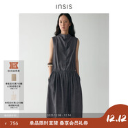 INSISFEMME天絲麻質(zhì)2025夏季抽褶微蕩領(lǐng)繭型長(cháng)裙無(wú)袖寬松連衣裙 凡爾登綠 M
