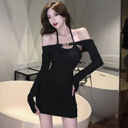 書(shū)與茶性感辣妹掛脖連衣裙女春裝秋冬季純欲修身包臀裙子外出內搭兩件套 黑色 L 建議100-115斤