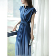 范哲茵2025夏季新款漸變綠色立領(lǐng)收腰設計休閑百褶雪紡連衣裙女夏中長(cháng)款 漸變藍色 XL