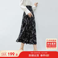 尚都比拉裙子女遮胯顯瘦半身裙高腰改良版印花馬面裙 黑底白花輕薄 XL 