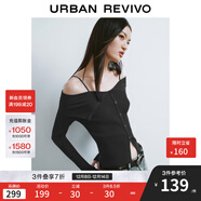 UR秋季新款女設計感翻領(lǐng)一字肩露肩修身針織衫UWJ940033 正黑 L