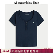 Abercrombie & Fitch【多色亨利領(lǐng)】小麋鹿圖案女裝25夏季修身短袖T恤 海軍藍(白色小麋鹿) XXS (160/76A)