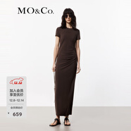 MO&Co.連衣裙春夏彈力莫代爾精裁短袖正肩捏褶收腰設計感長(cháng)裙摩安珂 深咖啡色 S 160