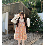 織物豬 橙C少女 甜美風(fēng)假兩件毛呢連衣裙女秋冬減齡可愛(ài)花苞短裙 連衣裙 XS （75-85斤）