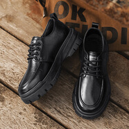 鈺基皮面增高男鞋新款潮流休閑板鞋男士商務(wù)皮鞋英倫小皮鞋復古工裝鞋 黑色 39