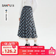 三福（SANFU）長(cháng)裙2025冬季蕾絲拼接松緊腰復古寬松裙子女裝509019 藍格 S