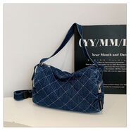 迪納奇格紋牛仔包包女2025新款韓版帆布單肩斜挎包休閑通勤枕頭包 深藍色大號