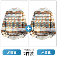 大嘴猴（paul frank）費爾島復古毛衣男春秋新款美式潮牌寬松針織衫男裝民族風(fēng)打底上衣 米白色+米白色 【優(yōu)惠兩件裝】 M 【建議95-115斤】