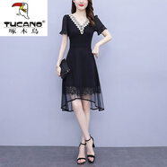 啄木鳥(niǎo)（TUCANO）洋氣裙子2025夏季韓版喇叭袖燕尾網(wǎng)紗拼接顯瘦氣質(zhì)不規則連衣裙女 圖片色 (洋氣顯瘦) XL (建議110-120斤)
