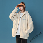 真即大碼2-300斤加絨加厚外套女潮ins原宿港風(fēng)棒球服連帽運動(dòng)開(kāi)衫衛衣 杏色(春秋) 薄款 3XL 建議190-240斤