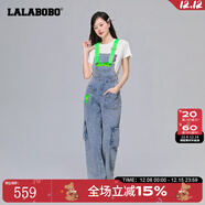 拉拉波波設計師潮牌春季新款牛仔背帶褲寬松顯瘦直筒褲女LBCA-WLZT16 中藍白 25
