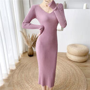 秋冬修身顯瘦毛衣裙女長(cháng)袖包臀彈力收腰中長(cháng)款緊身V領(lǐng)針織連衣裙 紫色 S S建議75-90體重
