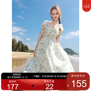 三彩2025夏季新款純棉連衣裙印花U領(lǐng)收腰A字裙泡泡袖中長(cháng)裙M