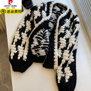 皮爾卡丹（pierre cardin）2025法式chic秋冬新款貨重工撞色針織開(kāi)衫粗棒針寬松慵懶毛衣外套 黑白色 L 建議105-120斤