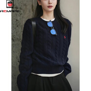 AEMAPE圓領(lǐng)刺繡復古麻花毛衣女2025秋冬新款慵懶風(fēng)針織衫休閑百搭上衣女 藏青色 L 116-130斤