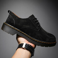 鈺基跨境大碼真皮休閑工裝潮鞋低幫反絨磨砂馬丁鞋男士厚底大頭皮鞋 黑色 38