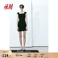 H&M女士連衣裙秋季時(shí)尚潮流斜紋布方領(lǐng)蓋袖連衣裙1213156 黑色 170/116 XL
