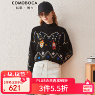 科蒙博卡秋冬時(shí)尚卡通繡花半高領(lǐng)羊絨衫女外穿毛衣針織衫 午夜黑 S