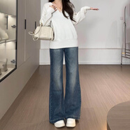 定原SASA女裝闊腿微喇牛仔褲女2025秋冬高腰寬松顯高顯瘦垂感拖地喇叭 復古藍-加長(cháng)(身高163cm以上) M (體重100-113斤)
